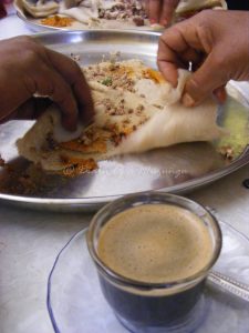 Tibs (meat) and injera bread (I grew to love it!)